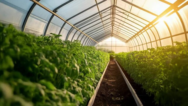 Rows of thriving green leafy vegetables inside a brightly lit agricultural greenhouse with a clear transparent ceiling and sun shining, warm glow.