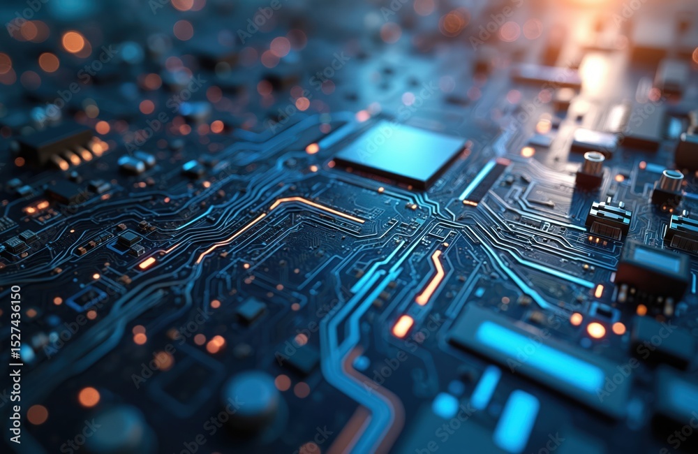 Poster Close up futuristic circuit board with glowing lights complex patterns. Electronic technology, advanced microchip datum. Cyber network processor element. High-tech hardware design.
