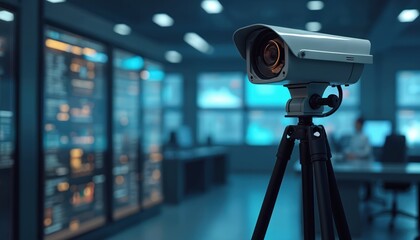 Surveillance camera on tripod in tech control room. Camera monitors, records everything. Blurred lights, equipment racks in background. High-tech security system, safety, observation, video