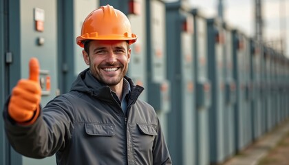 Smiling electrician in hard hat gives thumbs up in front of substation. Happy man technician engineer shows work success. Safety, energy, power, job, construction, industrial.