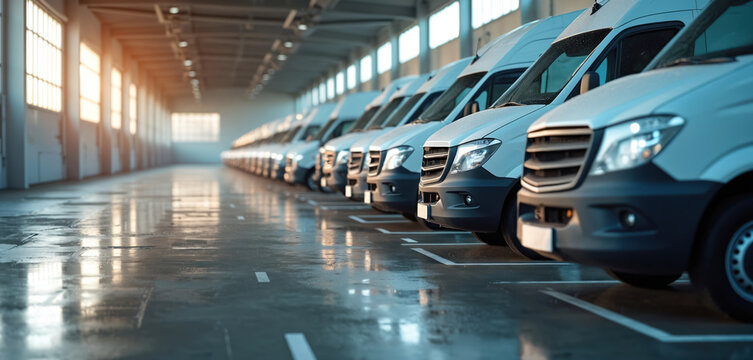Delivery vans parked row at logistics company parking lot. White commercial transport vehicles for package shipment and cargo delivery service. Logistic concept.