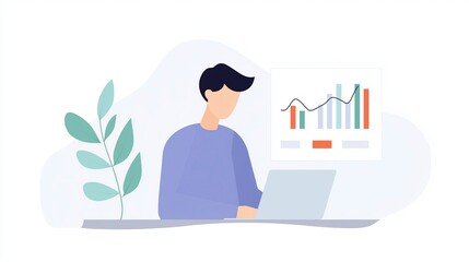 Illustration of a young man working on a laptop, analyzing data with graphs displayed on a screen, surrounded by a plant, representing modern digital workspace and productivity