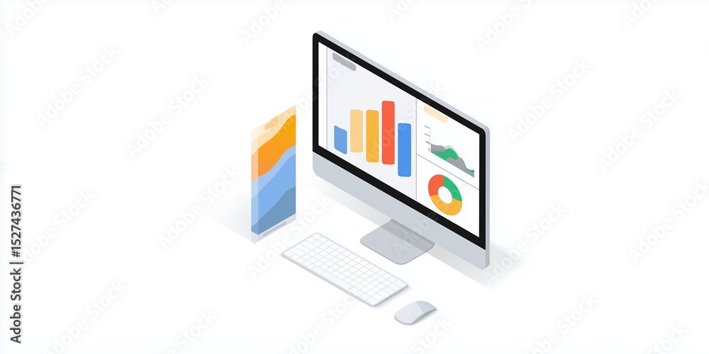 Fototapete Modern workspace featuring a computer monitor displaying colorful graphs and charts alongside a smartphone, illustrating data analysis and digital productivity in a clean environment
