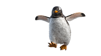 Gentoo penguin standing with outstretched wings on a black background looking at the viewer