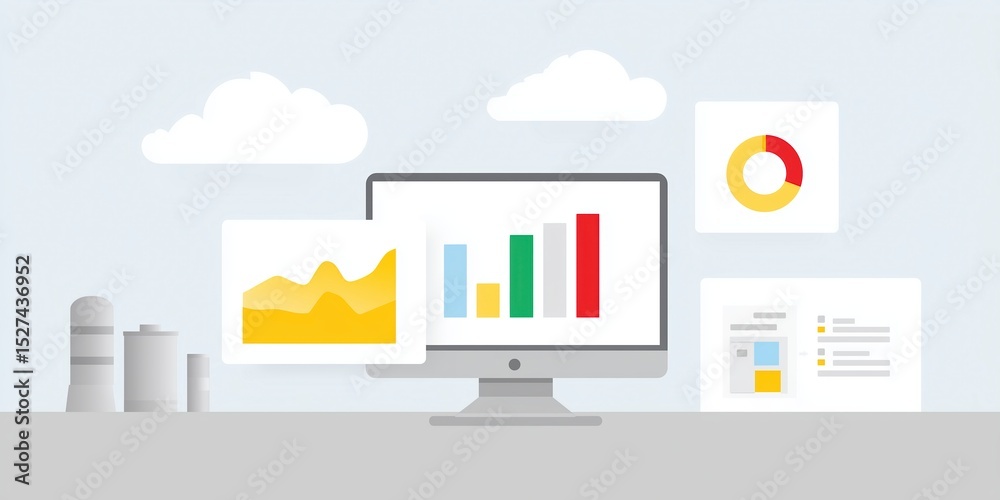 Poster computer monitor displaying colorful graphs and charts, with images and data visualizations, surroun