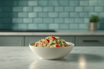 A bowl of light-colored grains, possibly couscous, with vegetables, sits on a marble countertop.  A teal tile backsplash is visible behind it