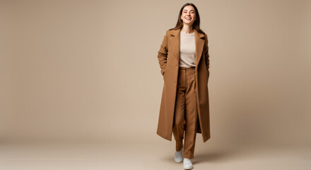 Stylish Woman in Brown Coat and Casual Outfit By Generated AI