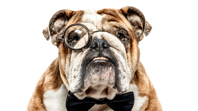 Close up of a bulldog wearing a monocle and a bow tie against a black background in a studio shot