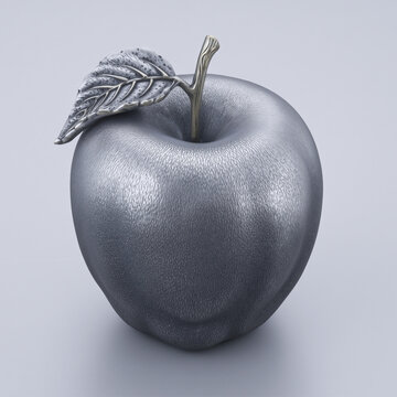 Realistic metallic apple sculpture with fine surface texture and stylized leaf. Minimalist composition on neutral background with soft shadow. Elegant and modern art concept.