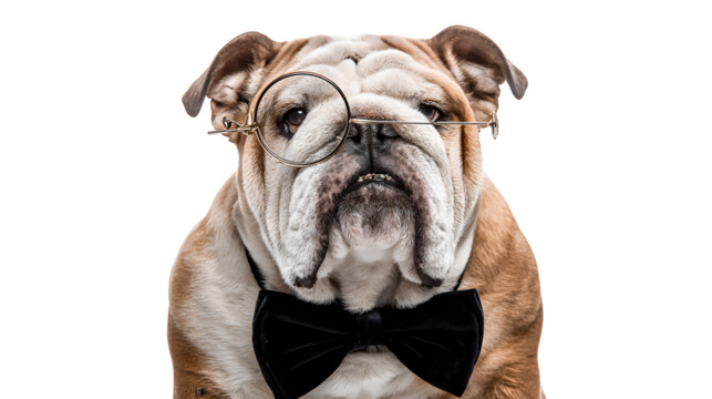 A bulldog wearing a monocle and a bow tie against a black background in a studio setting