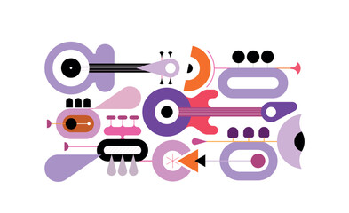 Concert and music festival poster template, colorful musical instruments isolated on a white background Abstract vector design of trumpets and guitars.