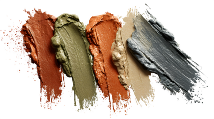 Close up of five smears of different colored cosmetic products on a black background surface view