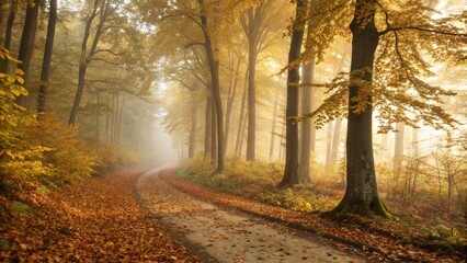 Obraz premium Autumn's Embrace: A serene autumn scene unveils a winding road through a golden forest, with sunlight gently filtering through the trees, painting a picture of tranquility.