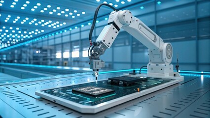 Fototapeta premium Robotic Arm Assembling Circuit Board: A white robotic arm precisely assembles a circuit board on a sleek, modern assembly line, showcasing advanced automation in a futuristic factory setting.
