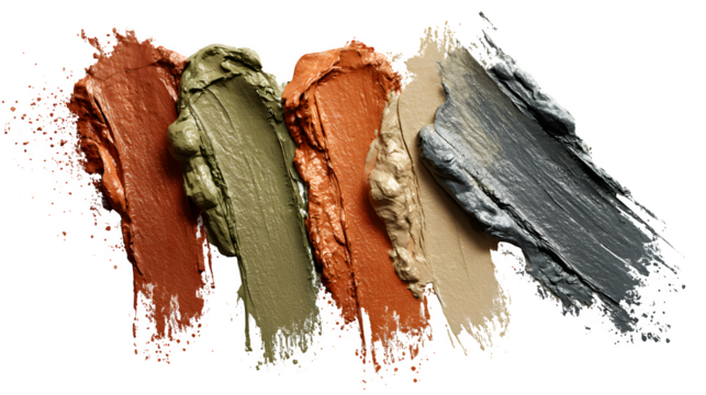 Close up of five smears of different colored cosmetic products on a black background surface view