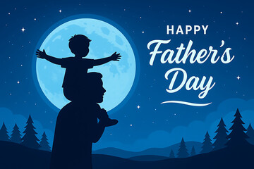 Happy Fathers Day Banner with Son Riding on Fathers Neck Under Full Moon