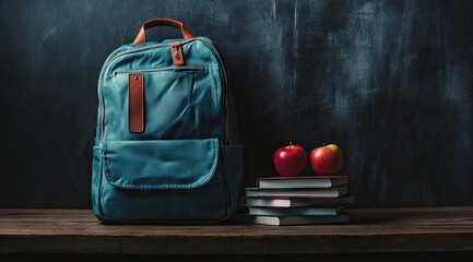 Teal backpack, apples, and books on wooden surface against chalkboard