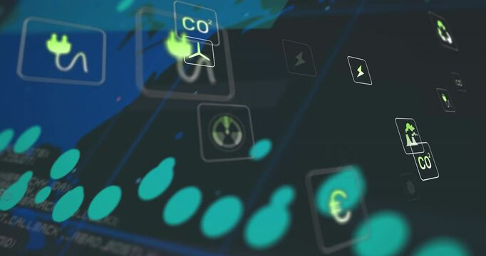 Green data points pulsing spark icons floating and drifting across map showing live energy metrics - Powered by Adobe