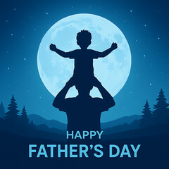 Fathers Day Design with Son Riding on Dads Neck at Moonlight