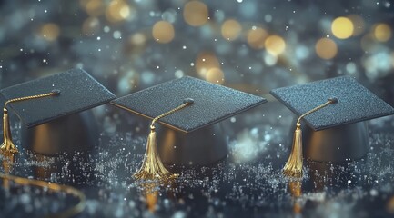Three black graduation caps on a glittery surface, bokeh background