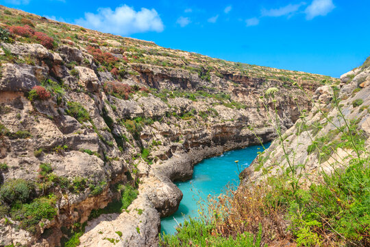 Beautiful view of Wied il-Ghasri (Ghasri valley) sea canyon on the north coast of Gozo Island, Malta