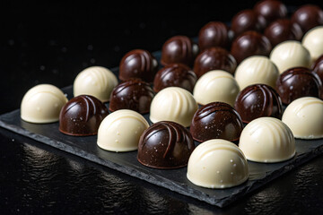 Elegant Dark and White Chocolate Truffles on Black Background