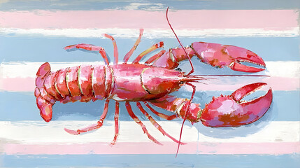 Vibrant painted lobster on pastel striped background in whimsical nautical style
