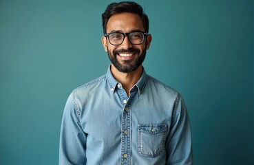 Fototapeta premium Portrait of joyful Indian man with spectacles smiling at camera. Middle-aged adult with beard wears casual attire. Positive expression, happy face, successful entrepreneur in studio.