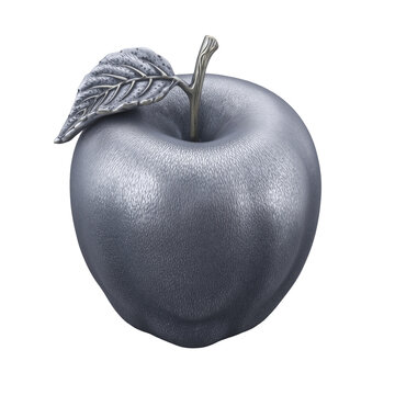Silver metallic apple sculpture with detailed leaf and fine texture. Isolated on transparent background. Modern, elegant and surreal 3D fruit design.