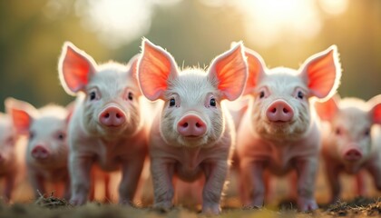 Close-up of cute baby pigs. Farm animals, ecological domestic farm life concept. Pink piglets, adorable porkers, healthy livestock. Piggy snout, ears. Farm animals. Sunny lights background.