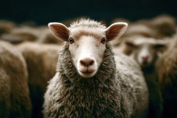 Obraz premium A sheep is standing in a group of other sheep