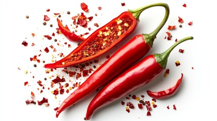 Chili powder and flakes exploding from a sliced red chili pepper over white. Bold flavor visual. 