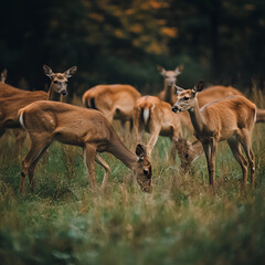 Deer herd grazing in autumn forest nature photography calm environment close-up viewpoint wildlife concept