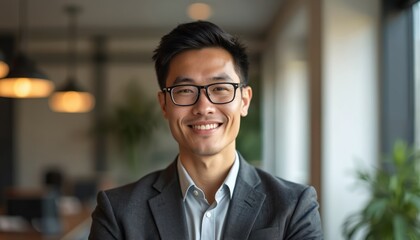 Fototapeta premium Pro portrait of young asian man with glasses smiling in office setting. Business environment, personal branding, career, confidence, success. Portrait of happy entrepreneur, positive employee, office