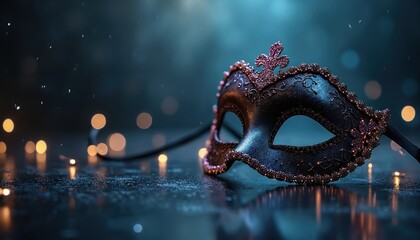 Elegant masquerade mask on dark background. Sparks bokeh lights, party vibes. Carnival event invitation, luxury glamour, mysterious vibe. Perfect for holiday season.