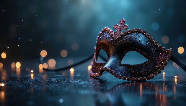 Elegant masquerade mask on dark background. Sparks bokeh lights, party vibes. Carnival event invitation, luxury glamour, mysterious vibe. Perfect for holiday season.