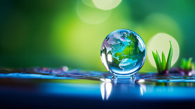 Earth in Water: A crystal globe, representing planet earth, sits delicately in water droplets, encircled by the soft glow of the environment. It is a poignant representation of global sustainability.