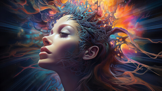 Mindful Contemplation: An expressive portrait unveils a woman immersed in deep thought, with radiant hues emanating from her head, representing the boundless nature of the human mind.