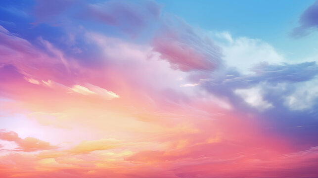 Cloud Symphony: A captivating shot of the sky, where vibrant hues of pink, orange, and blue paint a breathtaking scene of clouds and light, evoke feelings of calm and peace.