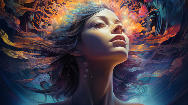 Mindful Radiance: A portrait of a serene woman, exuding tranquility as she is immersed in a vibrant swirl of colorful energy, embodying inner peace and spiritual awakening.