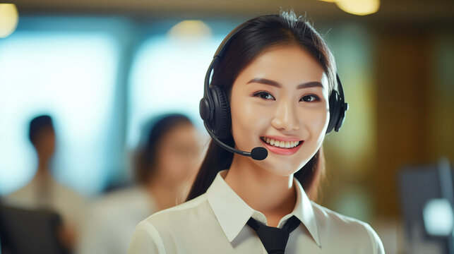 Smiling Support: A friendly customer service agent with a headset, radiating professionalism and genuine care, provides exceptional support.