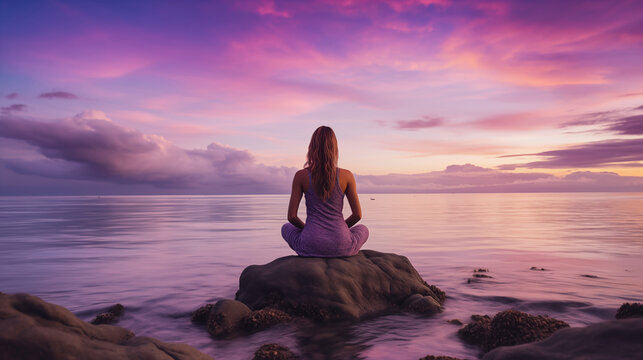 Serene Contemplation by the Sea: A figure sits in quiet meditation upon a rock by the tranquil ocean as the sun dips below the horizon, creating a beautiful colorful sky.