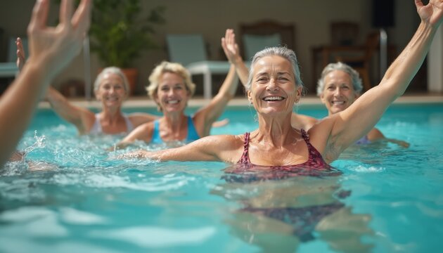 Diverse senior women perform water aerobic exercises in swimming pool. Group enjoys active lifestyle, smiles. Happy mature female, joy, wellness, fun, leisure, healthy activity, senior fitness class. - Powered by Adobe