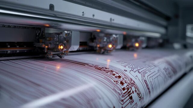 Automated industrial printer is accurately printing a circuit board design on a roll of flexible white material, illuminated by orange lights