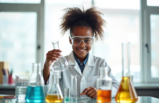 Happy african american girl student experiment with chemicals. Smiling child wear glasses, lab coat, hold flask. School laboratory. Education, science, chemistry, biology concept. - Powered by Adobe