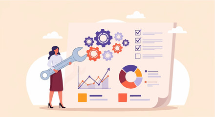 Businesswoman Adjusting Gears on Data Sheet with Wrench – Concept Illustration of Strategy and