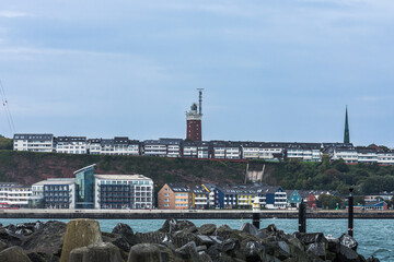 Heligoland Unterland (Lower Land) and Oberland (Upper Land) with the lighthouse, viewed from the neighboring dune island, North Sea, Schleswig-Holstein, Germany