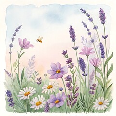 Square Watercolor Frame with Lavender and Wildflowers