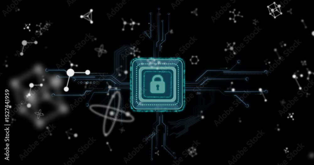 Poster chip starting glowing padlock pulsing sending flickering circuits drifting cluster for secure net