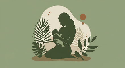 A minimalist vector silhouette of a mother lovingly breastfeeding her baby, symbolizing maternal bond and natural parenting. Perfect for World Breastfeeding Day campaigns
